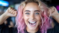 Young woman with pink hair and blue eyes laughing joyfully with arms raised in celebration against blurred background.