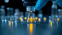 Gloved hand adjusting microscope lens with glowing amber liquid sample in laboratory setting, surrounded by glass containers against dark background with bokeh lights.
