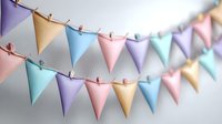 Colorful pastel triangle bunting garland on string with clothespins. Festive party decoration for celebrations, birthdays, baby showers, and home decor.
