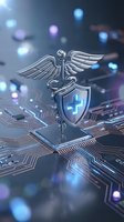 Digital healthcare technology concept with medical caduceus symbol and shield on circuit board background representing telemedicine and health data security.