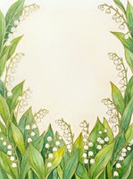 Watercolor lily of the valley floral frame with green leaves and white bell flowers, copy space in center for text or design.
