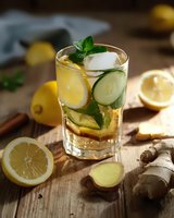 Refreshing detox water with cucumber, lemon, mint and ginger in glass. Fresh ingredients and ice cubes on rustic wooden table. Healthy beverage for wellness.