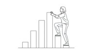Businessman climbing bar chart steps reaching for success, career growth and achievement concept in minimalist line art style.