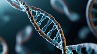Glowing DNA helix structure in blue and orange colors against dark background shows genetic research and biotechnology advancement in medical science.