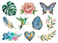 Watercolor botanical and nature elements including monstera leaf, peony flower, butterfly, hummingbird, feather, geode, heart stone, and foliage isolated on white background for design projects.