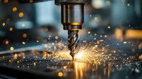 Metalworking drill bit in action with bright orange sparks flying during industrial manufacturing process on metal surface with bokeh background.