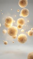 Golden spherical cells floating in soft light background for medical research and biotechnology presentations.