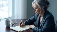 Middle-aged Caucasian businesswoman writing in notebook at office desk near window, professional female executive taking notes during meeting.