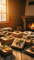 Rustic Christmas gift boxes wrapped in kraft paper with natural decorations by cozy fireplace. Warm holiday atmosphere for seasonal celebrations and festivities.