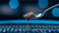 Liquid chocolate dripping from silver spoon creates elegant strand against blurred blue bokeh background, dramatic food photography macro shot.