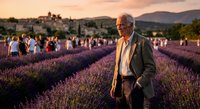 Senior Caucasian man in casual blazer standing confidently in blooming lavender field at golden hour sunset with blurred tourists and historic village.