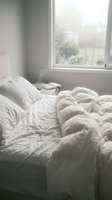 Unmade bed with white linens and pillows in bright bedroom with window overlooking garden, morning light streaming through glass, minimalist interior design for home decor and lifestyle content.