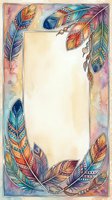 Watercolor boho frame with colorful ornate feathers and beads, ethnic tribal patterns, blank center for text, warm vintage background.