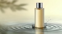 Luxury cosmetic bottle with metallic cap creating ripples in clear water against beige background with soft shadow overlay. Minimalist skincare product photography.