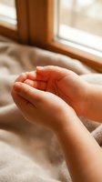 Cupped hands in gentle prayer or meditation pose by sunny window with warm natural light creating peaceful spiritual atmosphere for mindfulness practice.