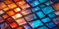 Colorful illuminated glass tiles in orange and blue creating modern mosaic pattern, perfect for abstract backgrounds and architectural design elements.