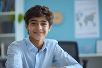 Young Hispanic middle school student smiling at desk in classroom setting with blue wall and educational posters background. Natural lighting highlights positive learning environment.