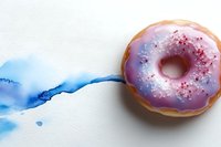 Glazed donut with purple icing and red sprinkles on white background with artistic blue watercolor splash, isolated for food marketing and menu design.