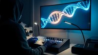 Scientist analyzing DNA double helix structure on computer screen in modern laboratory for genetic research and biotechnology studies.