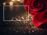 Red rose with golden bokeh lights and white frame overlay for romantic design templates and Valentine's Day marketing materials.