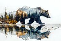 Double exposure silhouette of grizzly bear with mountain landscape, forest and lake reflection creating surreal wilderness scene in nature photography style.