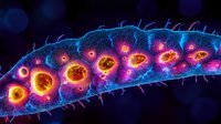 Microscopic view of glowing cell structure in vibrant neon colors showing biological processes with fluorescent orange nuclei against dark background. Scientific research concept.
