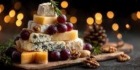 Gourmet cheese platter with cranberries, nuts and herbs on wooden board with warm bokeh lights creating festive holiday atmosphere for entertaining.