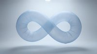 Blue translucent infinity symbol floating on white background representing endless possibilities, eternity, mathematics, and continuous loop concepts.