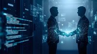 Two businessmen shaking hands in futuristic digital environment with glowing circuit patterns and data visualization screens representing partnership.