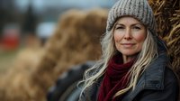 Young blonde Caucasian woman in knit beanie and red scarf smiling warmly at rural farm with hay bales in background during golden hour autumn season.