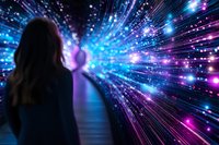 Young woman silhouetted against vibrant cosmic light tunnel with blue and pink glowing particles, creating magical atmosphere for spiritual and technology concepts.