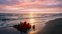 Romantic sunset beach scene with red roses bouquet on sandy shore, ocean waves and colorful sky creating peaceful atmosphere for love and romance concepts.