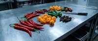 Assorted fresh hot chili peppers displayed on a stainless steel kitchen table, showcasing red, orange, green, and dark dried varieties.