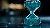 Turquoise hourglass with flowing glitter sand against dark background creates magical atmosphere, water drops reflect light for dreamy effect.