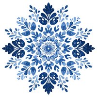 Blue watercolor mandala with folk art floral motifs and decorative leaves on white background for meditation, yoga, textile design and spiritual artwork.