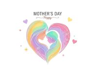 Happy Mother's Day greeting card with colorful heart shape featuring mother and child silhouettes in rainbow gradient design for celebration.