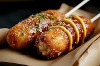 Crispy corn dogs on wooden sticks garnished with fresh herbs and drizzled with yellow mustard sauce, served on brown kraft paper, close-up food photography.