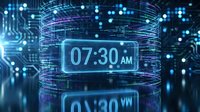 Digital clock displaying 7:30 AM surrounded by glowing blue circuit patterns and holographic data streams on dark tech background for futuristic interface design.