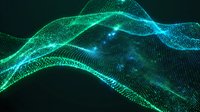 Flowing digital wave made of glowing particles and dots in green and blue tones against dark background, representing data flow, technology, and innovation for digital design projects.