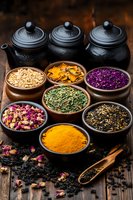 Aromatic dried herbs, flowers and spices in clay bowls with black teapots on rustic wooden background. Natural ingredients for tea and traditional medicine.