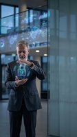 Senior businessman holding holographic security lock icon in modern office with digital interface background for cybersecurity and data protection concepts.