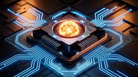 Futuristic AI processor chip with glowing orange core and blue circuit pathways on dark technological background for computing and innovation concepts.