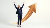 Successful businesswoman celebrating achievement with raised arms next to golden upward arrow symbolizing growth, success and career advancement.