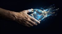 Male hands holding glowing digital globe with network connections and data streams on dark background for technology and global communication concepts.
