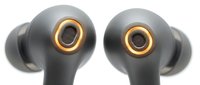 Pair of wireless earbuds with matte black finish and gold accents, isolated on white background, ready for product design and marketing use.