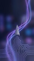 Rocket launching from circuit board with glowing purple and blue energy waves, representing innovation, technology advancement, and startup growth for business and digital transformation concepts.