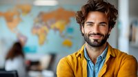 Young bearded Hispanic businessman in yellow sweater and denim shirt smiling confidently against world map background in modern office environment.