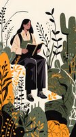 Young Asian woman reading book while sitting surrounded by botanical garden elements in minimalist style. Desert plants and foliage in green and orange create peaceful atmosphere.