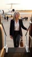 Confident mature businesswoman in black suit boarding private jet at sunset airport for luxury corporate travel and executive lifestyle.