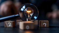 Glowing light bulb in glass sphere balanced on wooden number blocks with question marks, symbolizing innovation and problem-solving on dark background.